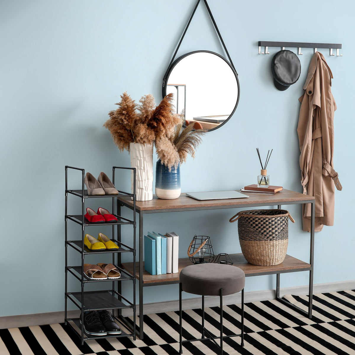 Narrow Shoe Rack with Fabric Shelves, Space-Saving Design