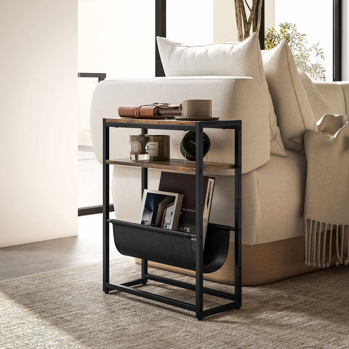 Narrow Side Table, 3-Tier Shelf, V Magazine Rack, 43x18x56 cm