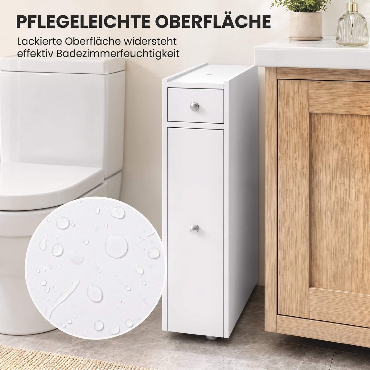 Narrow White Bathroom Cabinet with 2 Drawers, MDF 16x48x58 cm