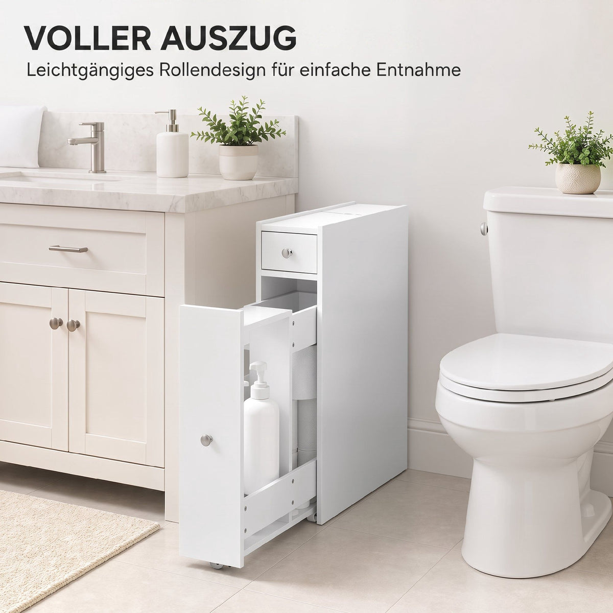 Narrow White Bathroom Cabinet with 2 Drawers, MDF 16x48x58 cm