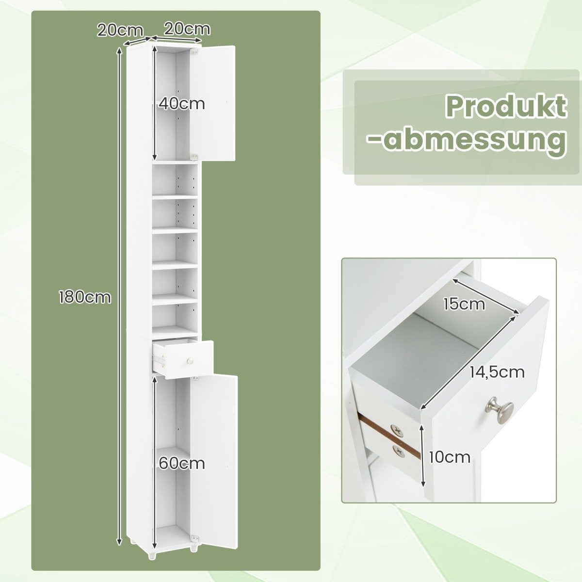 Narrow bathroom cabinet tall cabinet with 2 doors & 1 drawer 20 x 20 x 180 cm white