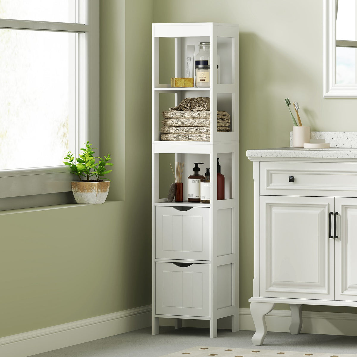 Narrow bathroom cabinet, tall toilet cabinet with 2 drawers and 3 open compartments, bathroom cabinet for small rooms bathroom, living room 30 x 30 x 141.2 cm white