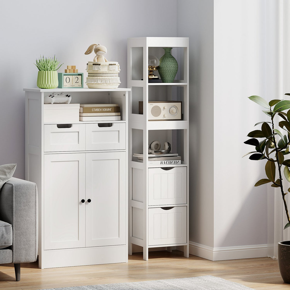 Narrow bathroom cabinet, tall toilet cabinet with 2 drawers and 3 open compartments, bathroom cabinet for small rooms bathroom, living room 30 x 30 x 141.2 cm white