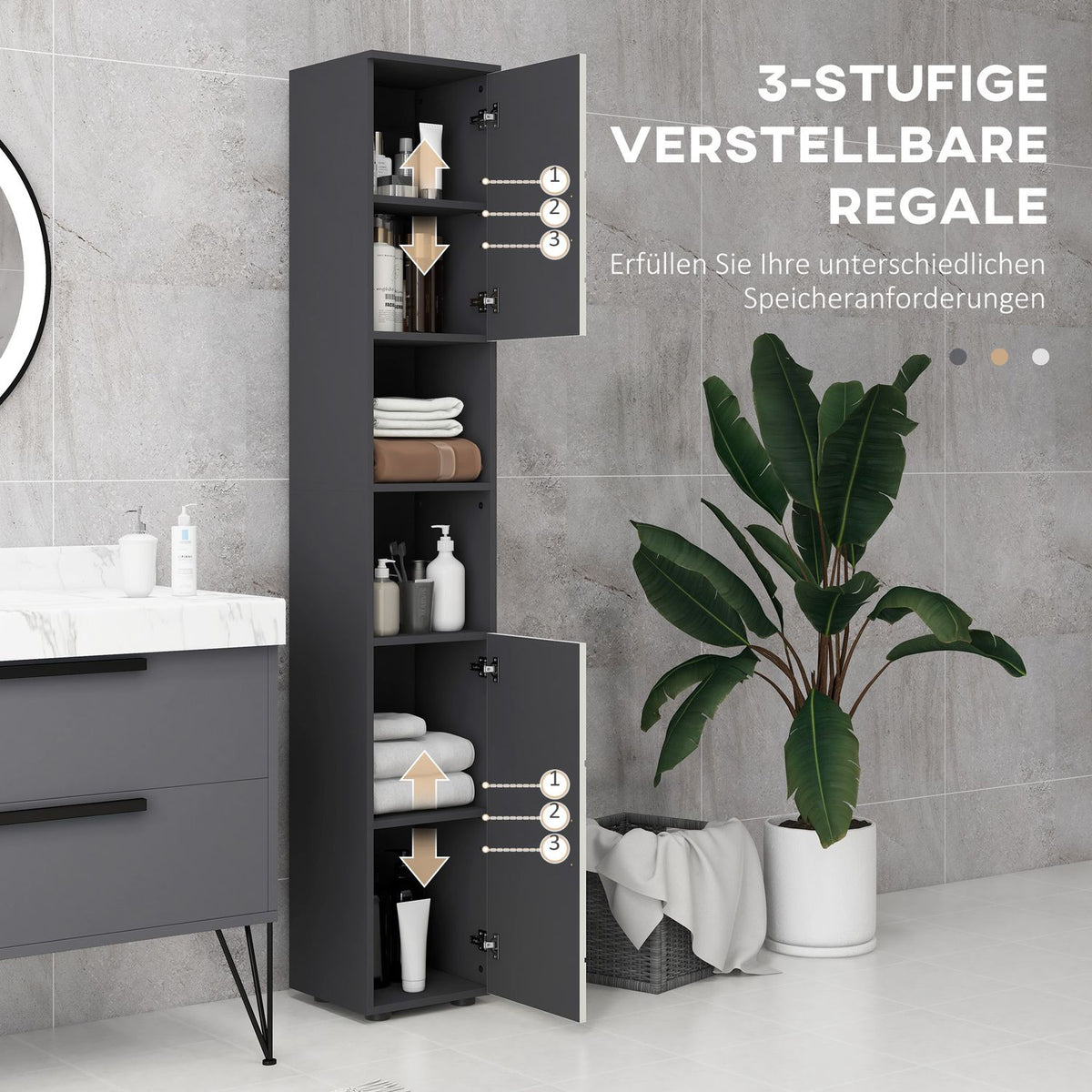 Narrow bathroom cabinet, tall toilet cabinet with adjustable shelf and 2 open compartments, bathroom cabinet for small spaces bathroom, living room 30 x 30 x 183 cm gray |