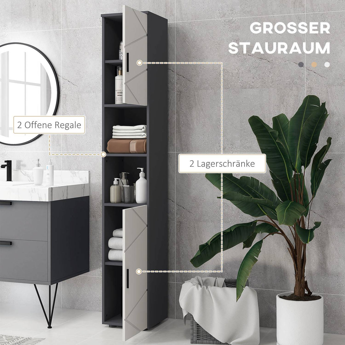 Narrow bathroom cabinet, tall toilet cabinet with adjustable shelf and 2 open compartments, bathroom cabinet for small spaces bathroom, living room 30 x 30 x 183 cm gray |