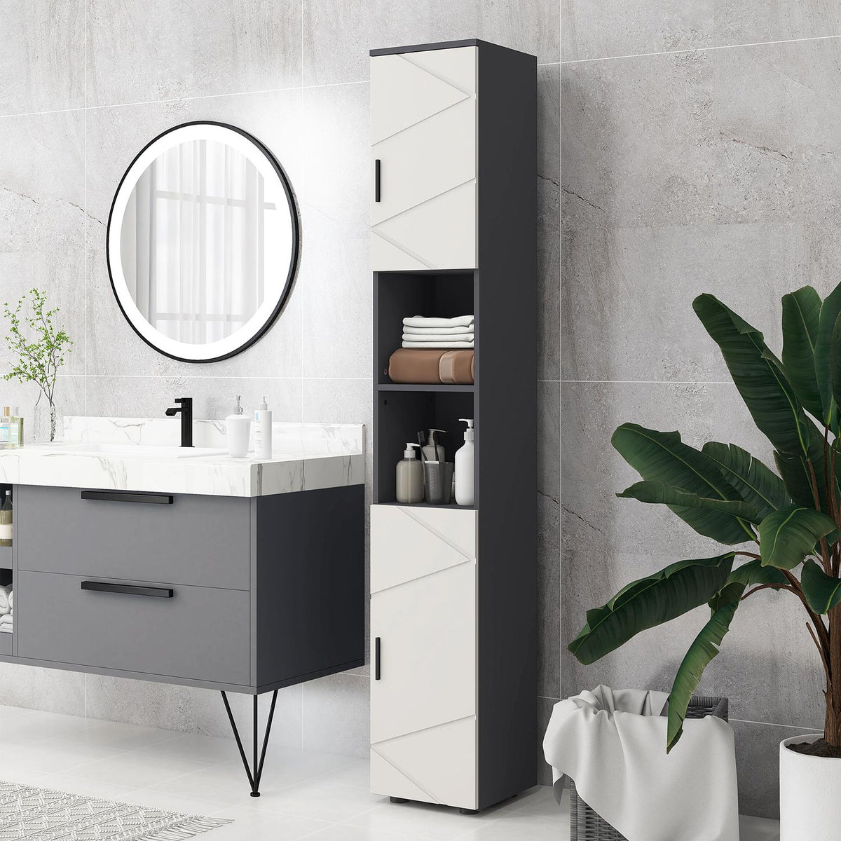 Narrow bathroom cabinet, tall toilet cabinet with adjustable shelf and 2 open compartments, bathroom cabinet for small spaces bathroom, living room 30 x 30 x 183 cm gray |