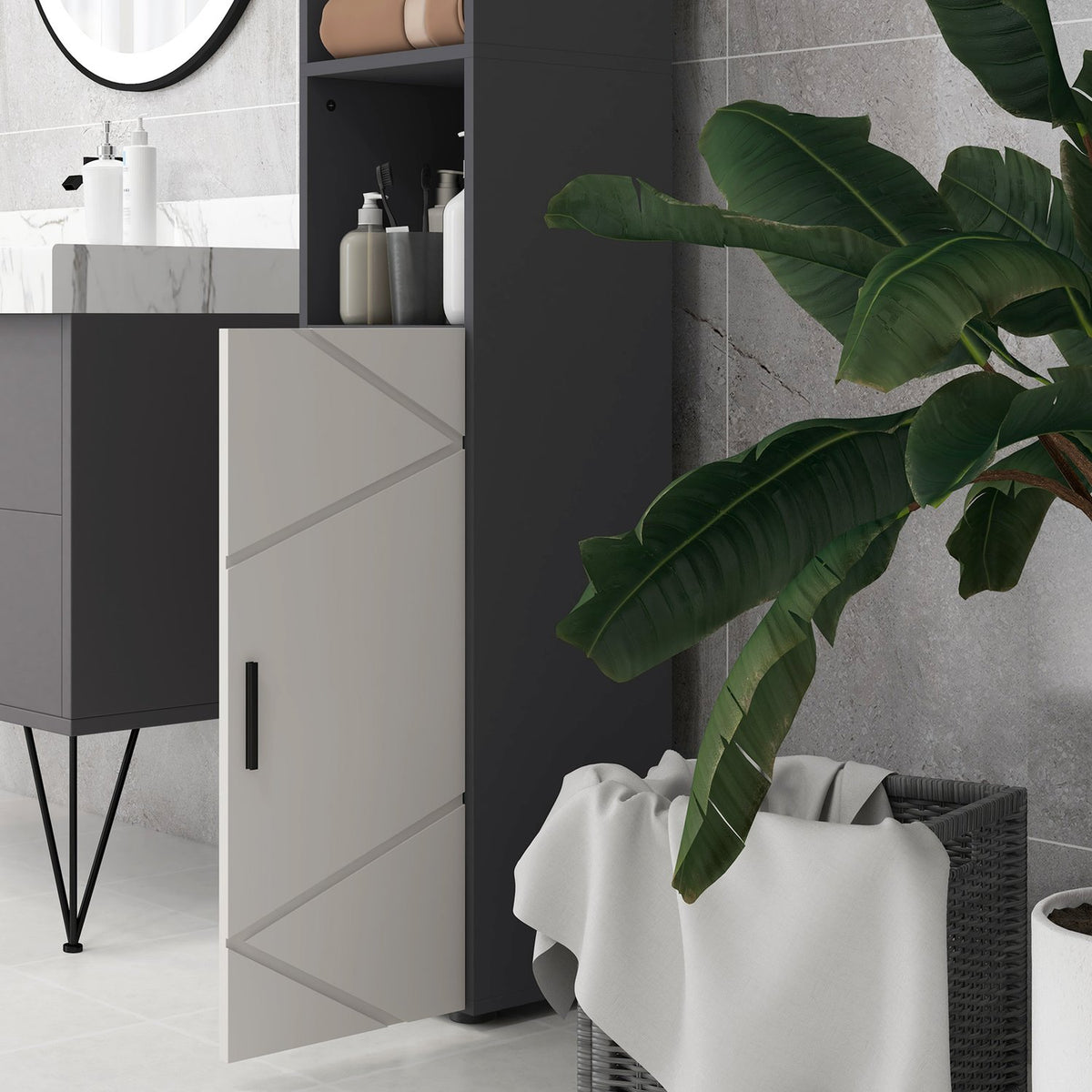 Narrow bathroom cabinet, tall toilet cabinet with adjustable shelf and 2 open compartments, bathroom cabinet for small spaces bathroom, living room 30 x 30 x 183 cm gray |