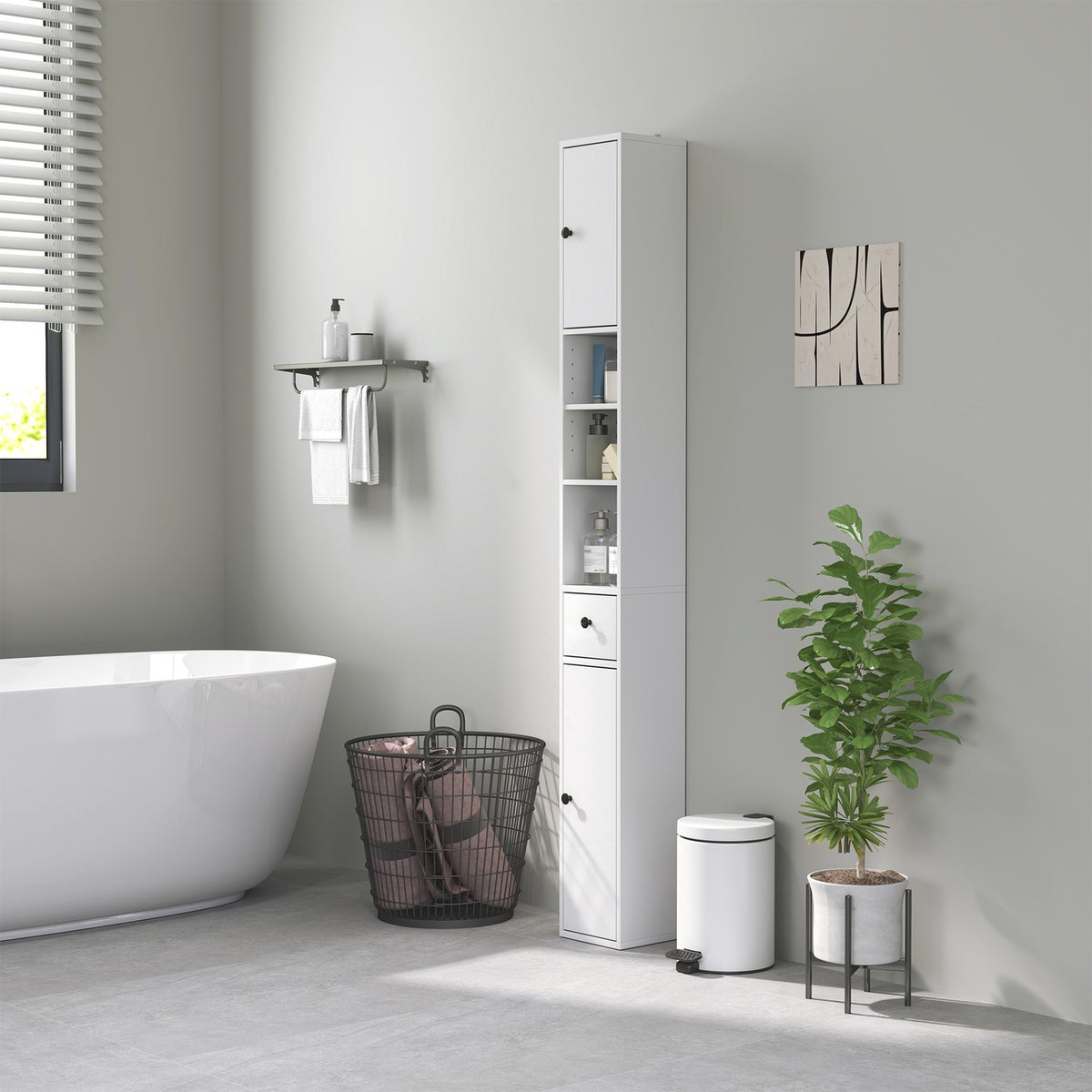 Narrow bathroom cabinet, tall toilet cabinet with drawer, 3 open compartments, adjustable shelf, bathroom cabinet for small rooms, bathroom, living room 20 x 20 x 178 cm white