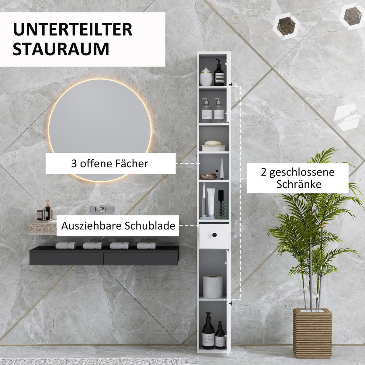 Narrow bathroom cabinet, tall toilet cabinet with drawer, 3 open compartments, adjustable shelf, bathroom cabinet for small rooms, bathroom, living room 20 x 20 x 178 cm white