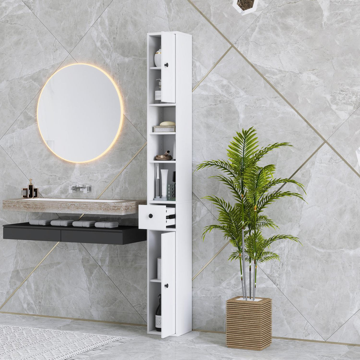 Narrow bathroom cabinet, tall toilet cabinet with drawer, 3 open compartments, adjustable shelf, bathroom cabinet for small rooms, bathroom, living room 20 x 20 x 178 cm white