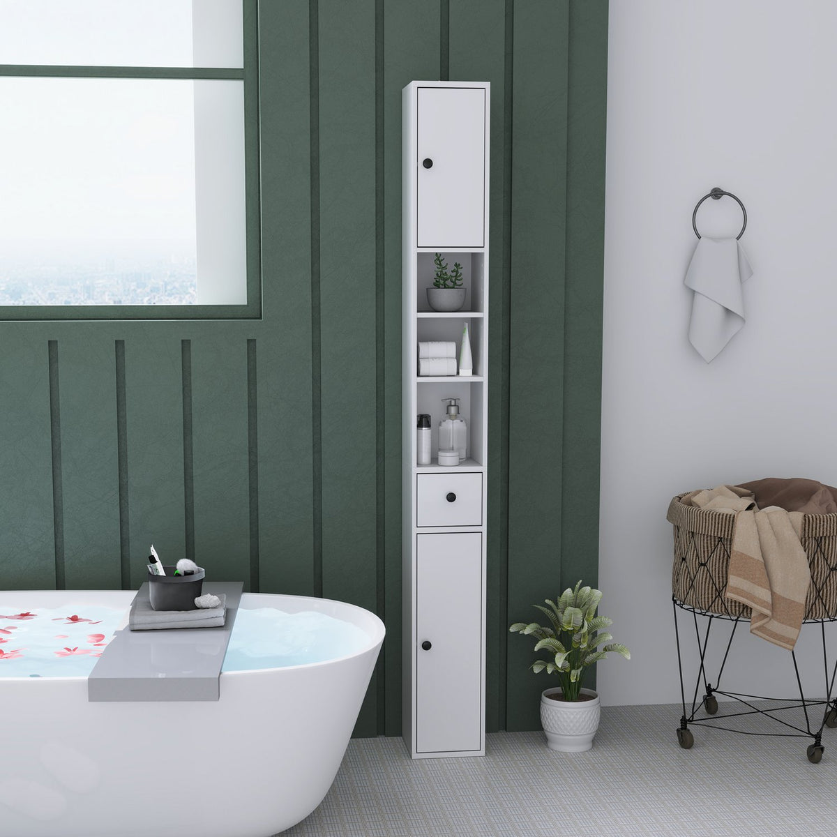 Narrow bathroom cabinet, tall toilet cabinet with drawer, 3 open compartments, adjustable shelf, bathroom cabinet for small rooms, bathroom, living room 20 x 20 x 178 cm white