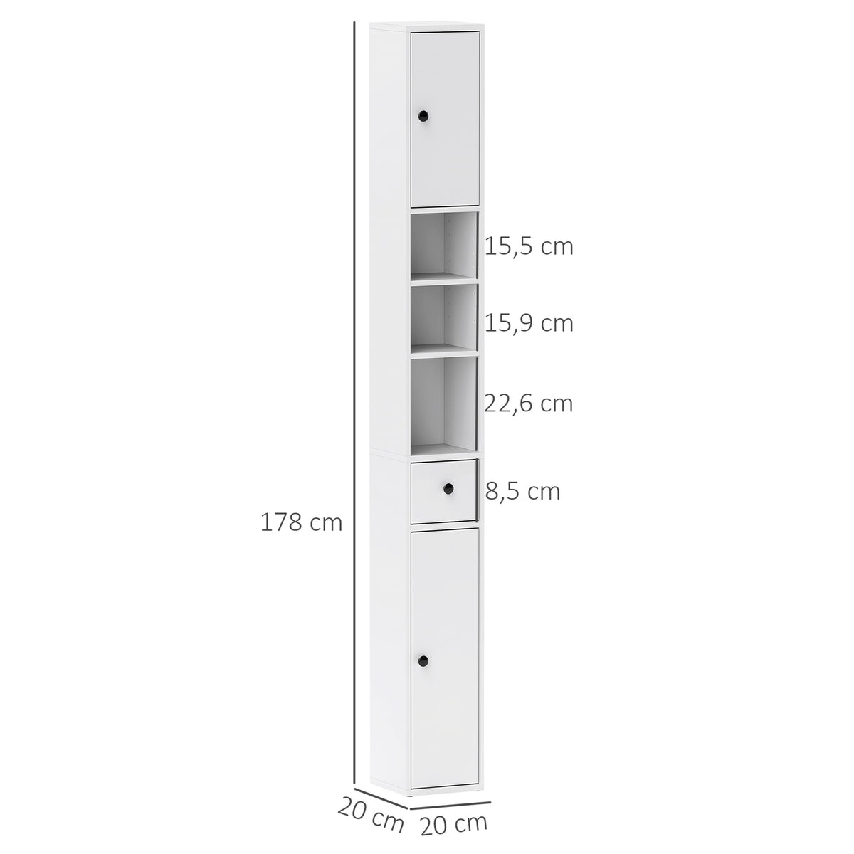 Narrow bathroom cabinet, tall toilet cabinet with drawer, 3 open compartments, adjustable shelf, bathroom cabinet for small rooms, bathroom, living room 20 x 20 x 178 cm white