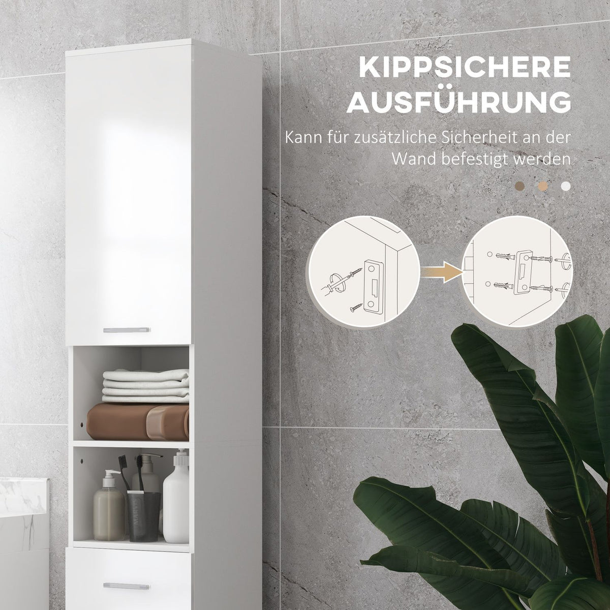 Narrow bathroom cabinet, tall toilet cabinet with high gloss white drawer, adjustable shelf and 2 open compartments, for small rooms bathroom 30 x 30 x 180 cm white |