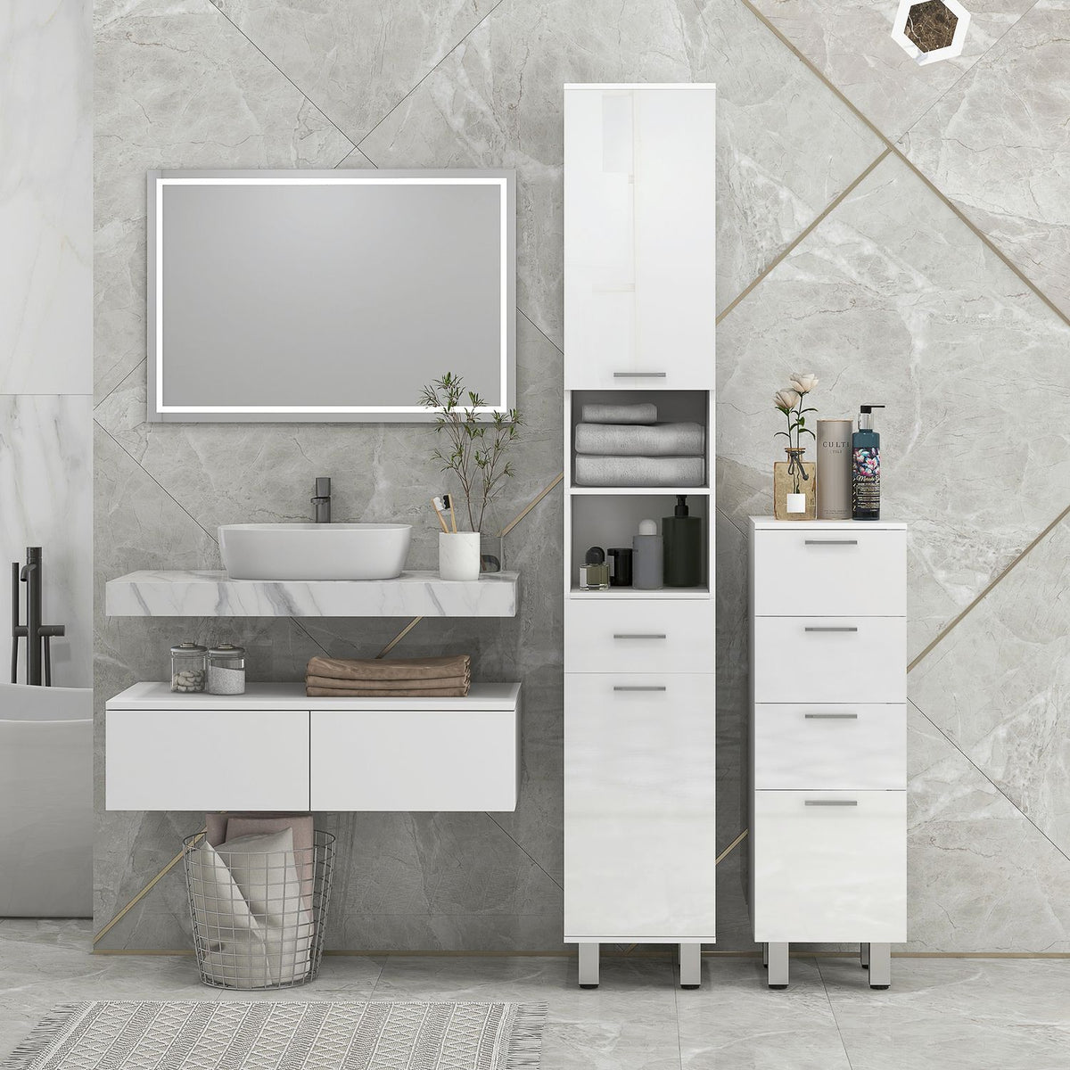 Narrow bathroom cabinet, tall toilet cabinet with high gloss white drawer, adjustable shelf and 2 open compartments, for small rooms bathroom 30 x 30 x 180 cm white |
