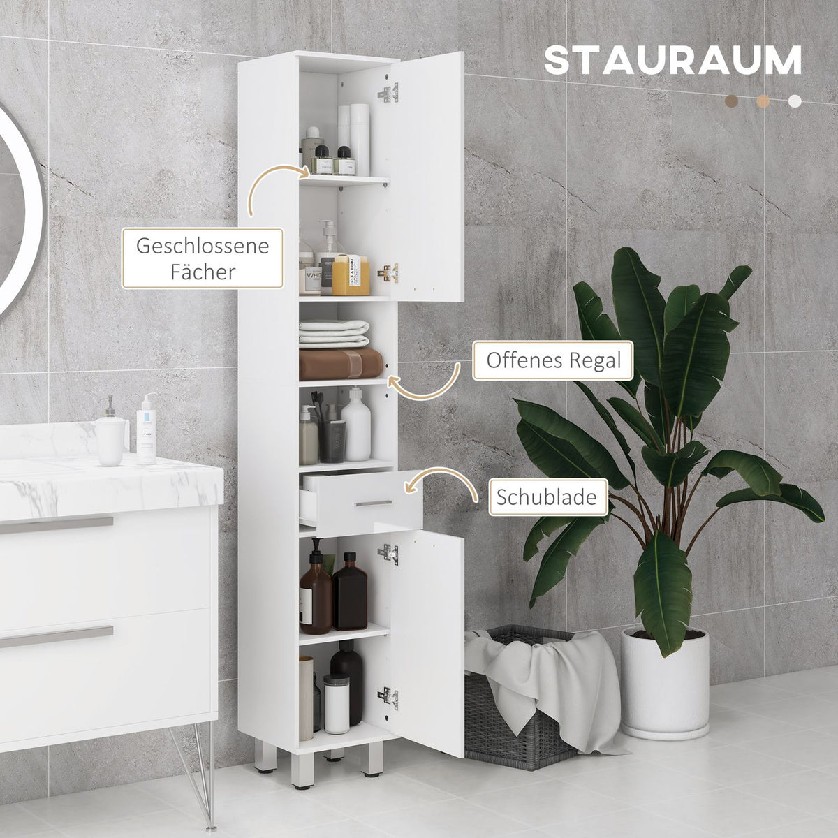 Narrow bathroom cabinet, tall toilet cabinet with high gloss white drawer, adjustable shelf and 2 open compartments, for small rooms bathroom 30 x 30 x 180 cm white |