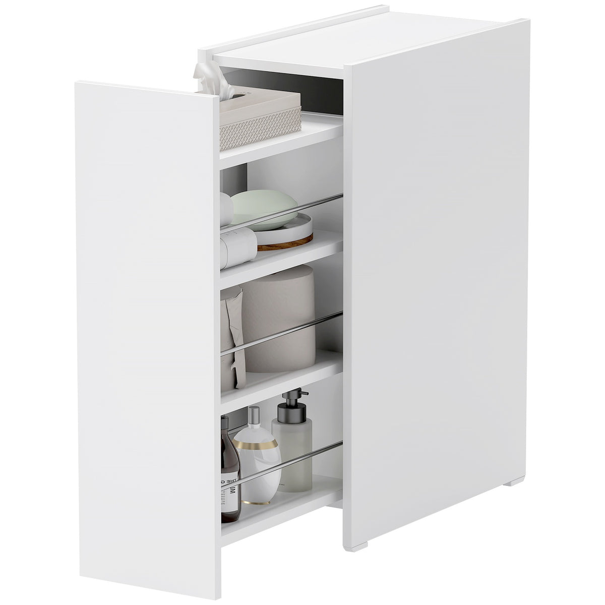 Narrow bathroom cabinet, toilet cabinet, side cabinet with wheel, drawer including 3 deep compartments, niche shelf, bathroom cabinet for small rooms, living room, bathroom, 47 x 25 x 66.5 cm white