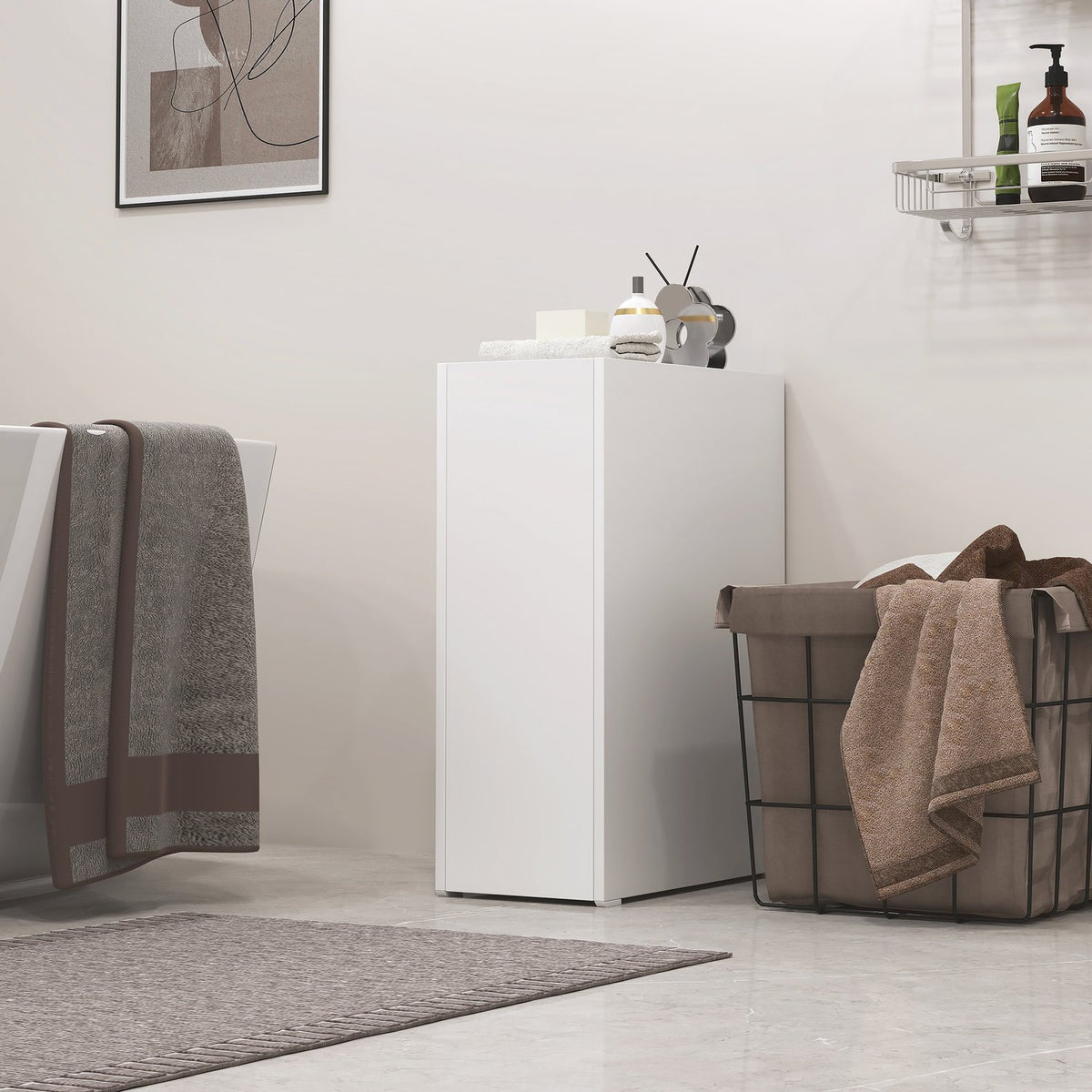 Narrow bathroom cabinet, toilet cabinet, side cabinet with wheel, drawer including 3 deep compartments, niche shelf, bathroom cabinet for small rooms, living room, bathroom, 47 x 25 x 66.5 cm white