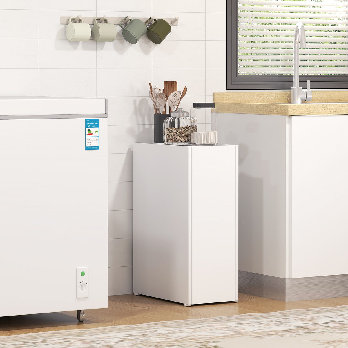 Narrow bathroom cabinet, toilet cabinet, side cabinet with wheel, drawer including 3 deep compartments, niche shelf, bathroom cabinet for small rooms, living room, bathroom, 47 x 25 x 66.5 cm white