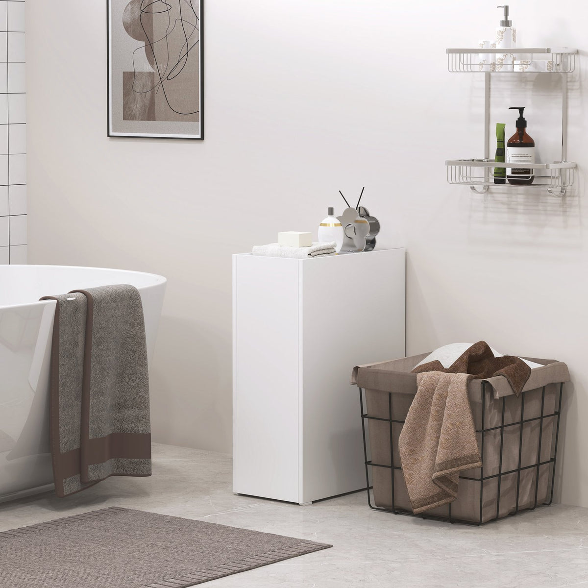 Narrow bathroom cabinet, toilet cabinet, side cabinet with wheel, drawer including 3 deep compartments, niche shelf, bathroom cabinet for small rooms, living room, bathroom, 47 x 25 x 66.5 cm white