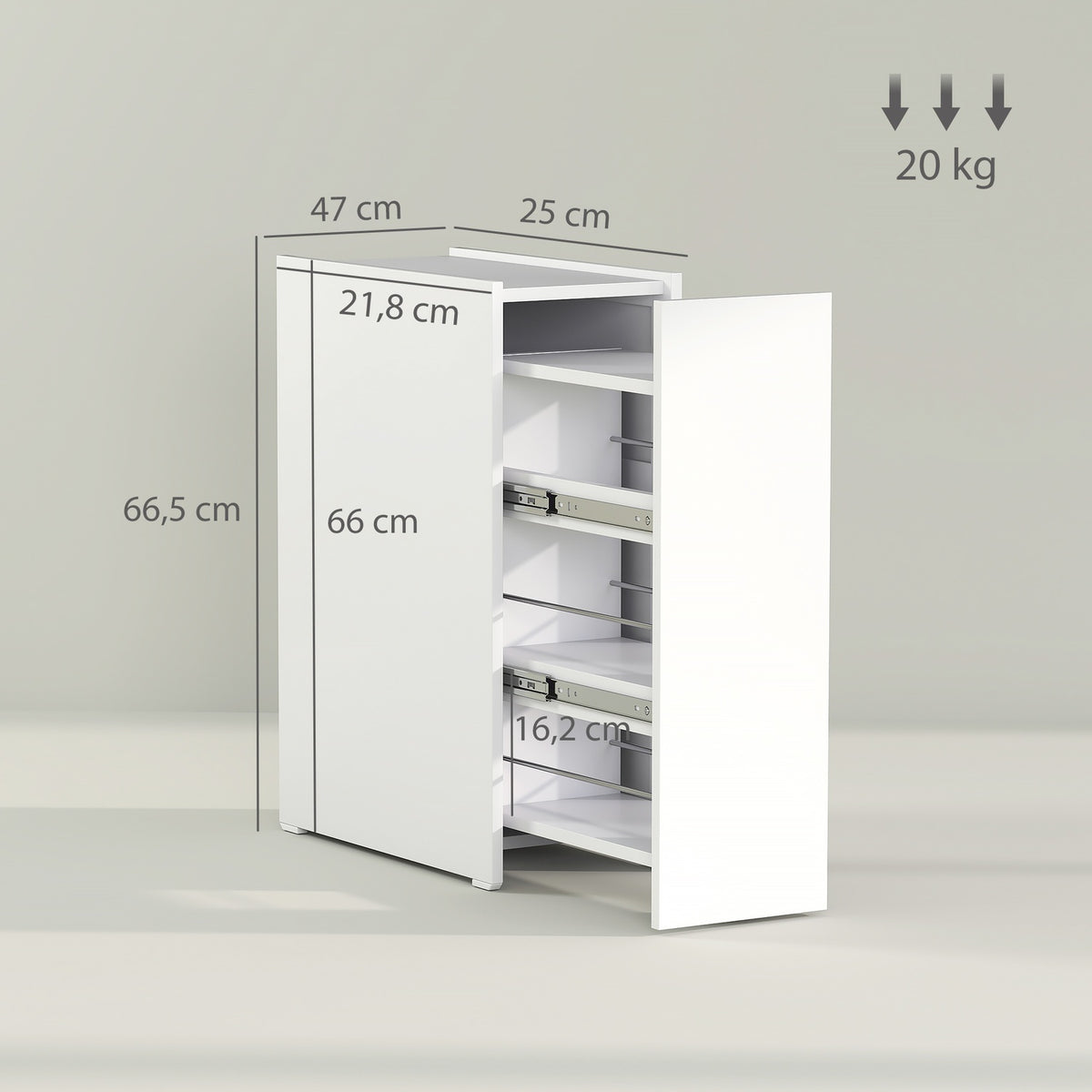 Narrow bathroom cabinet, toilet cabinet, side cabinet with wheel, drawer including 3 deep compartments, niche shelf, bathroom cabinet for small rooms, living room, bathroom, 47 x 25 x 66.5 cm white