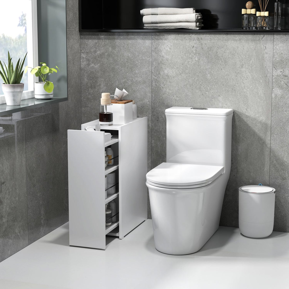 Narrow bathroom cabinet, toilet cabinet, side cabinet with wheel, drawer including 3 deep compartments, niche shelf, bathroom cabinet for small rooms, living room, bathroom, 47 x 25 x 66.5 cm white