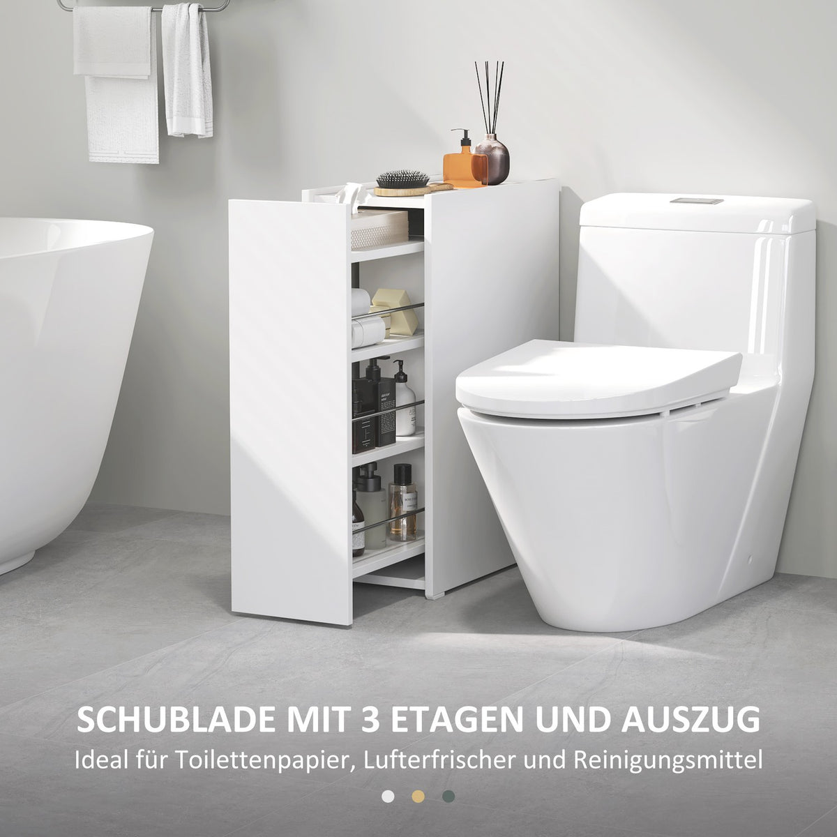 Narrow bathroom cabinet, toilet cabinet, side cabinet with wheel, drawer including 3 deep compartments, niche shelf, bathroom cabinet for small rooms, living room, bathroom, 47 x 25 x 66.5 cm white