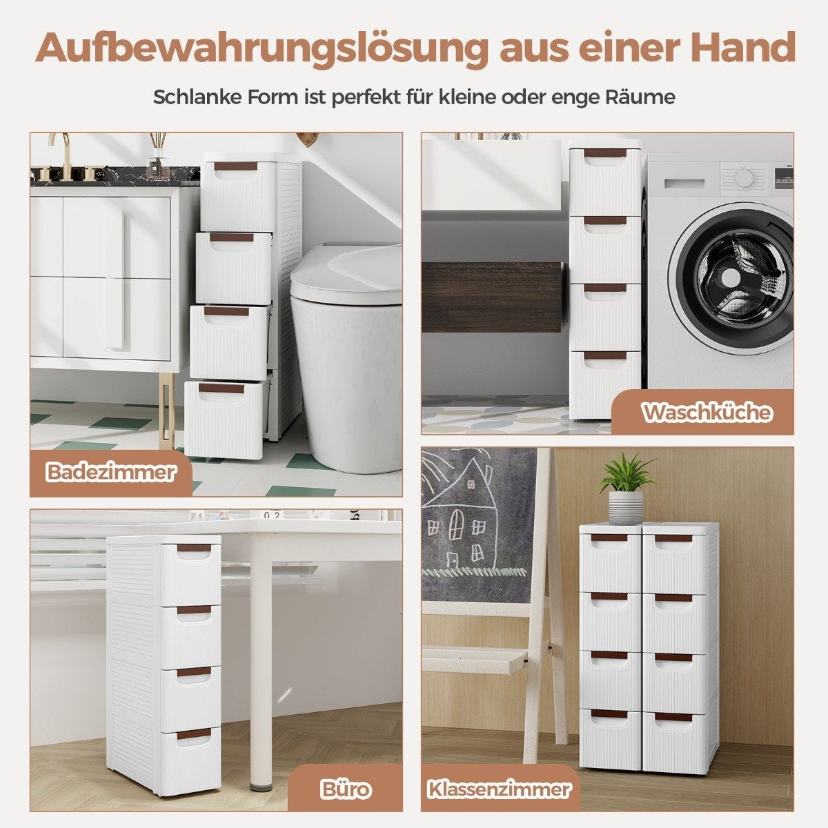 Narrow bathroom cabinet with 4 drawers & wheels niche shelf bathroom cabinet white