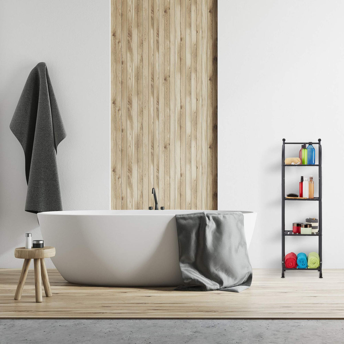 Narrow floor-standing shelf with 4 shelves