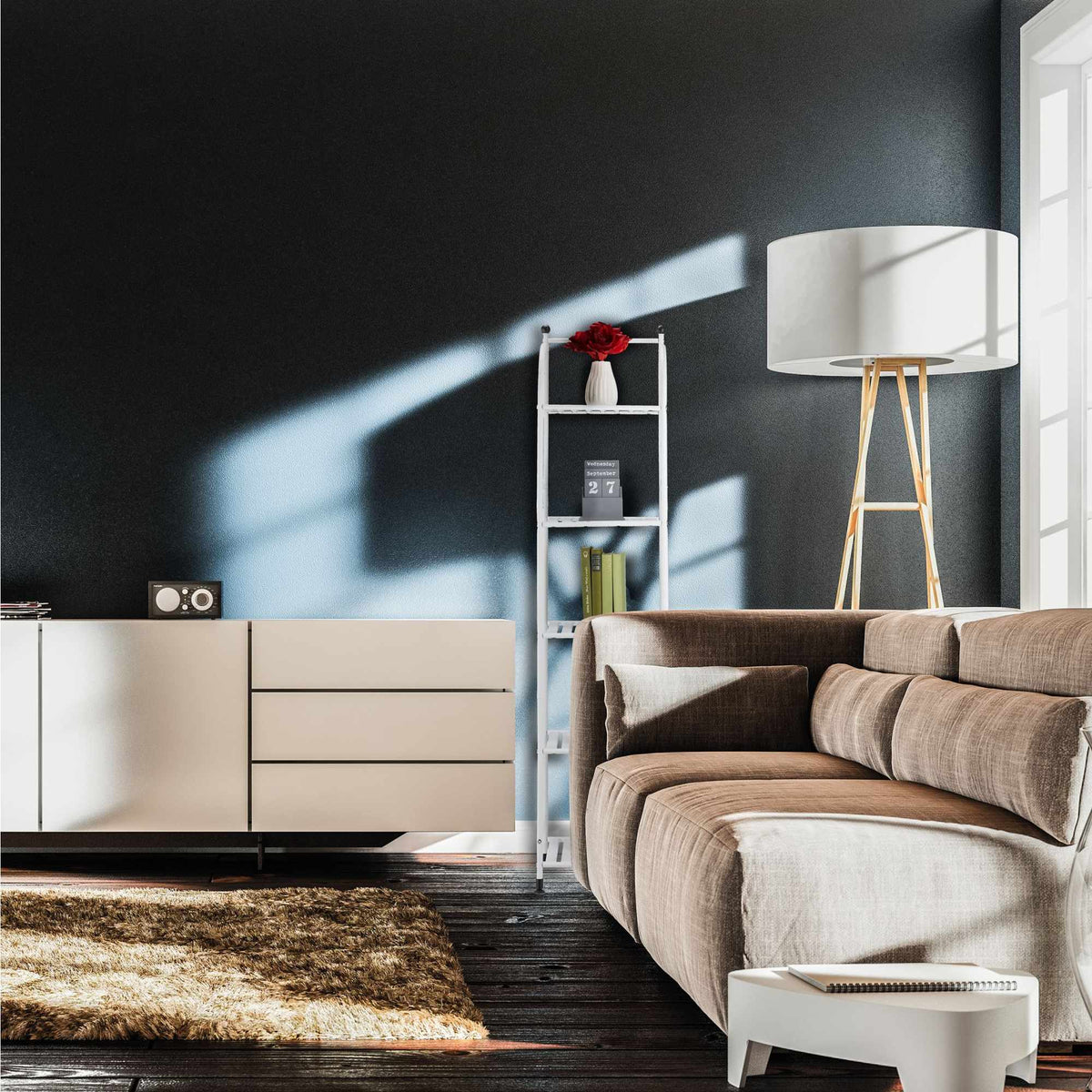 Narrow floor-standing shelf with 5 shelves