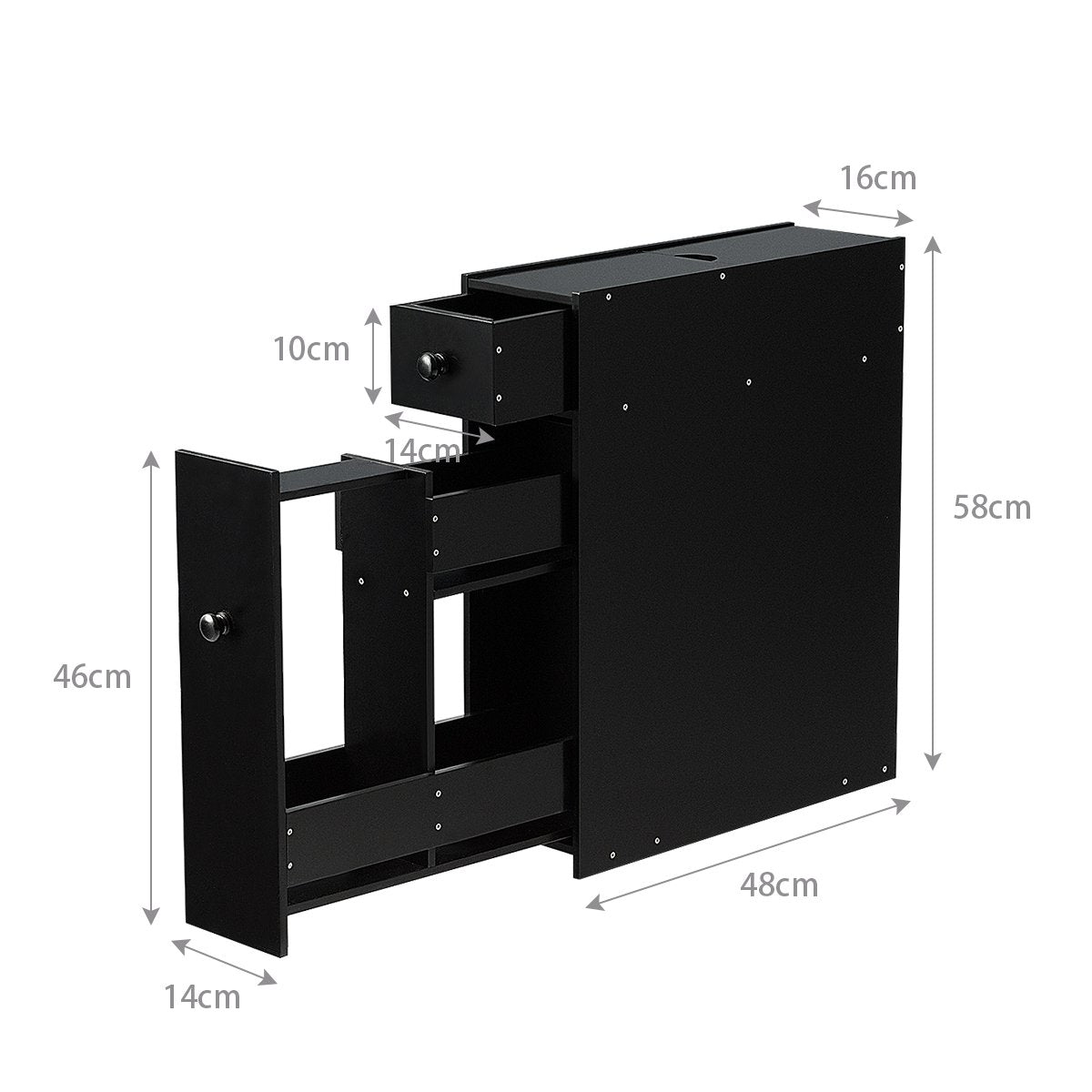 Narrow niche shelf with drawers bathroom cabinet made of wood side cabinet black