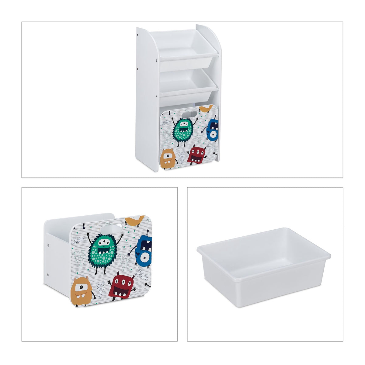 Narrow toy storage unit with monsters