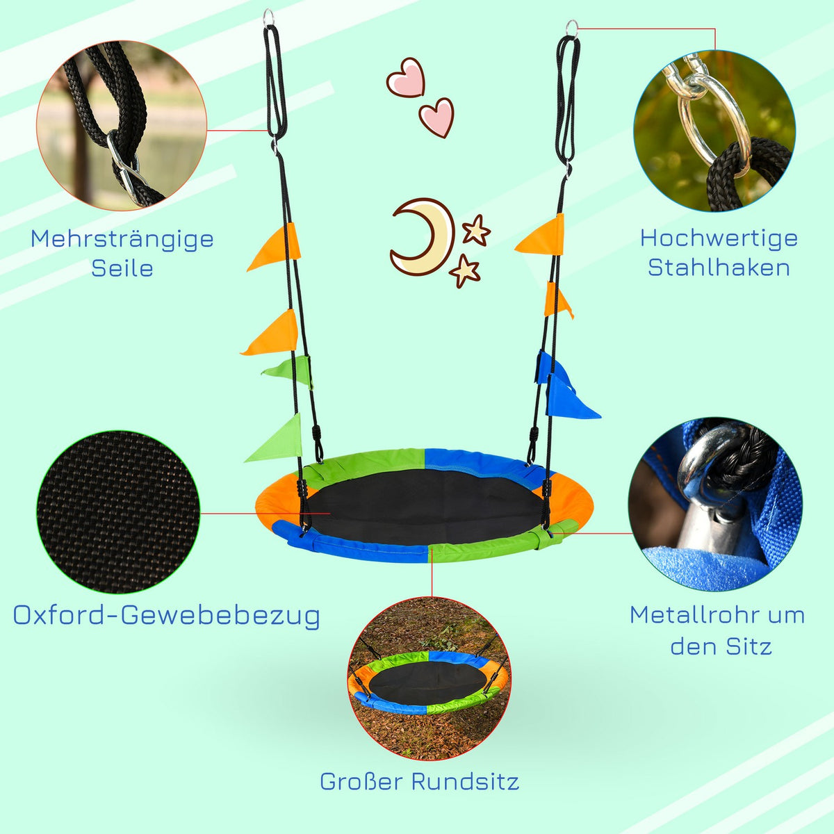 Nest Swing Ø100 Cm, Up To 80 Kg, Outdoor, Metal Polyester, Blue+Green+Orange, For 3+ Years
