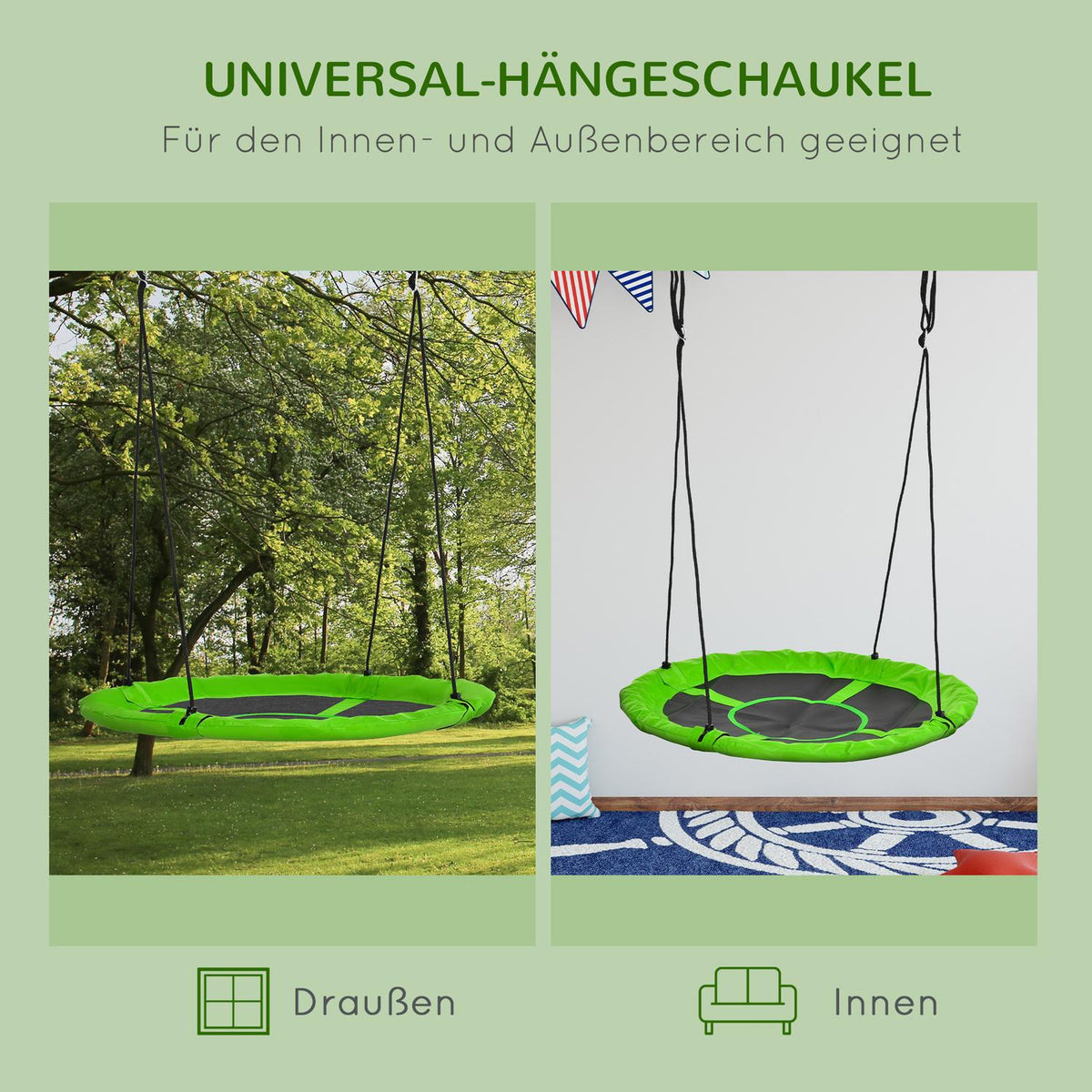 Nest Swing Ø110 Cm, Hanging Swing Up To 150 Kg, Adjustable Children'S Swing, Plate Swing For 3-12 Years Children, Green