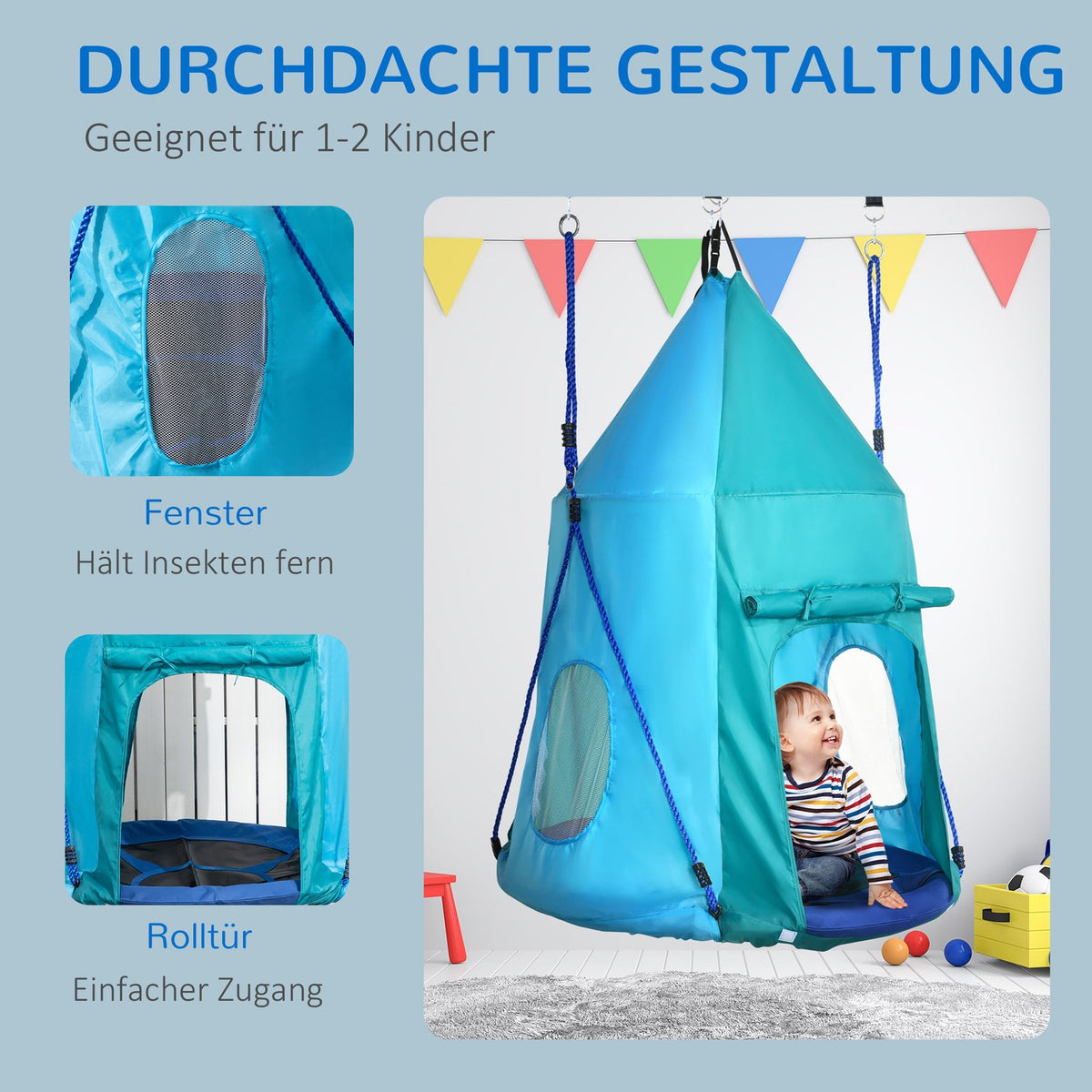 Nest Swing With Tent, Ø100 Cm Garden Swing, Children'S Swing With Window And Length-Adjustable Ropes, Waterproof Up To 150 Kg Blue-Green