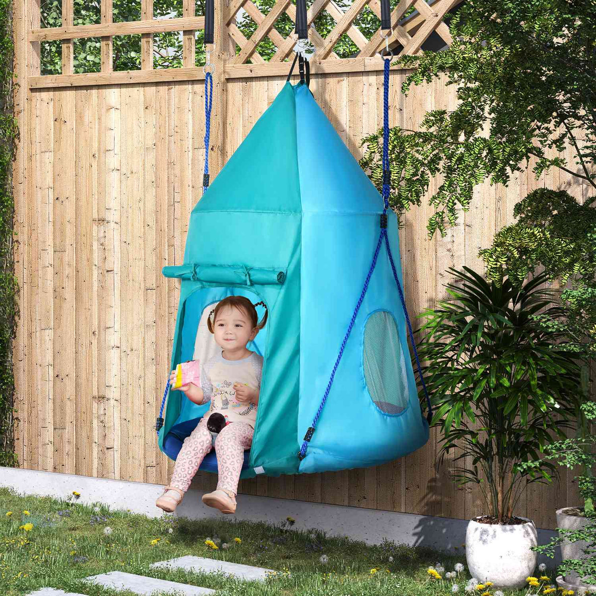 Nest Swing With Tent, Ø100 Cm Garden Swing, Children'S Swing With Window And Length-Adjustable Ropes, Waterproof Up To 150 Kg Blue-Green