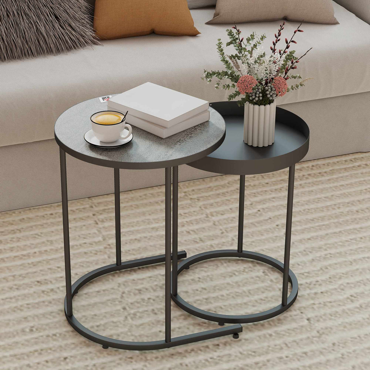Nesting Coffee Tables Set, Metal Tray Design, Gray