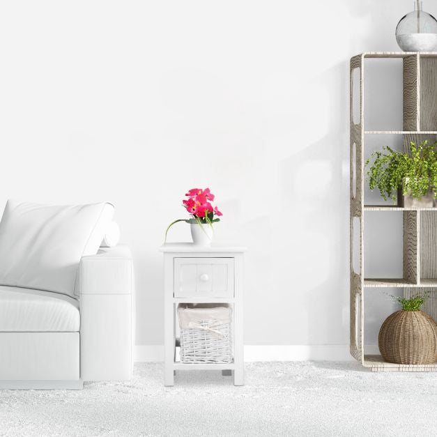 Nightstand, 2-Tier Paulownia Wood with Drawer and Basket