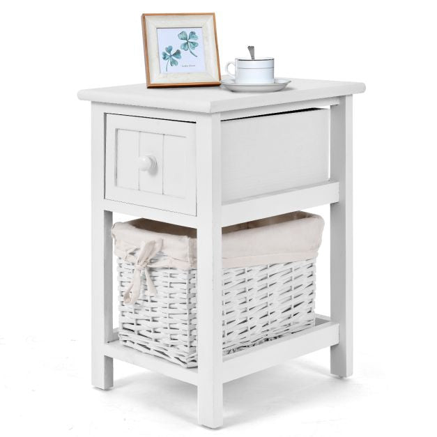 Nightstand, 2-Tier Paulownia Wood with Drawer and Basket