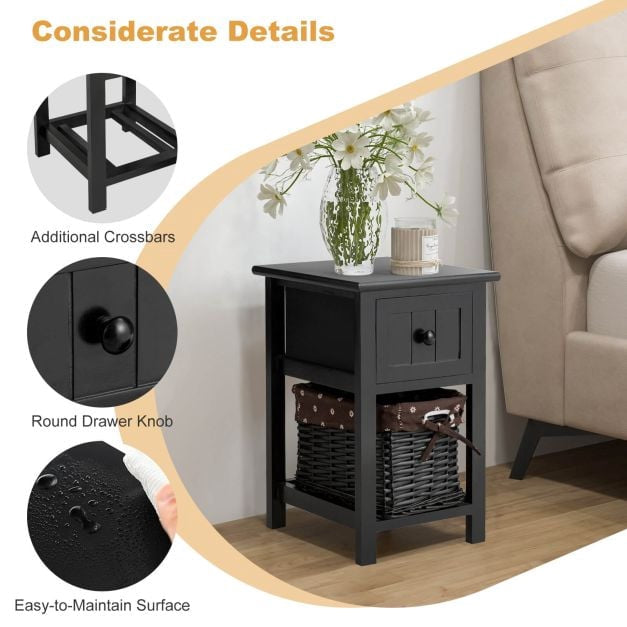Nightstand, 2-Tier Wood with Drawer and Basket, Black