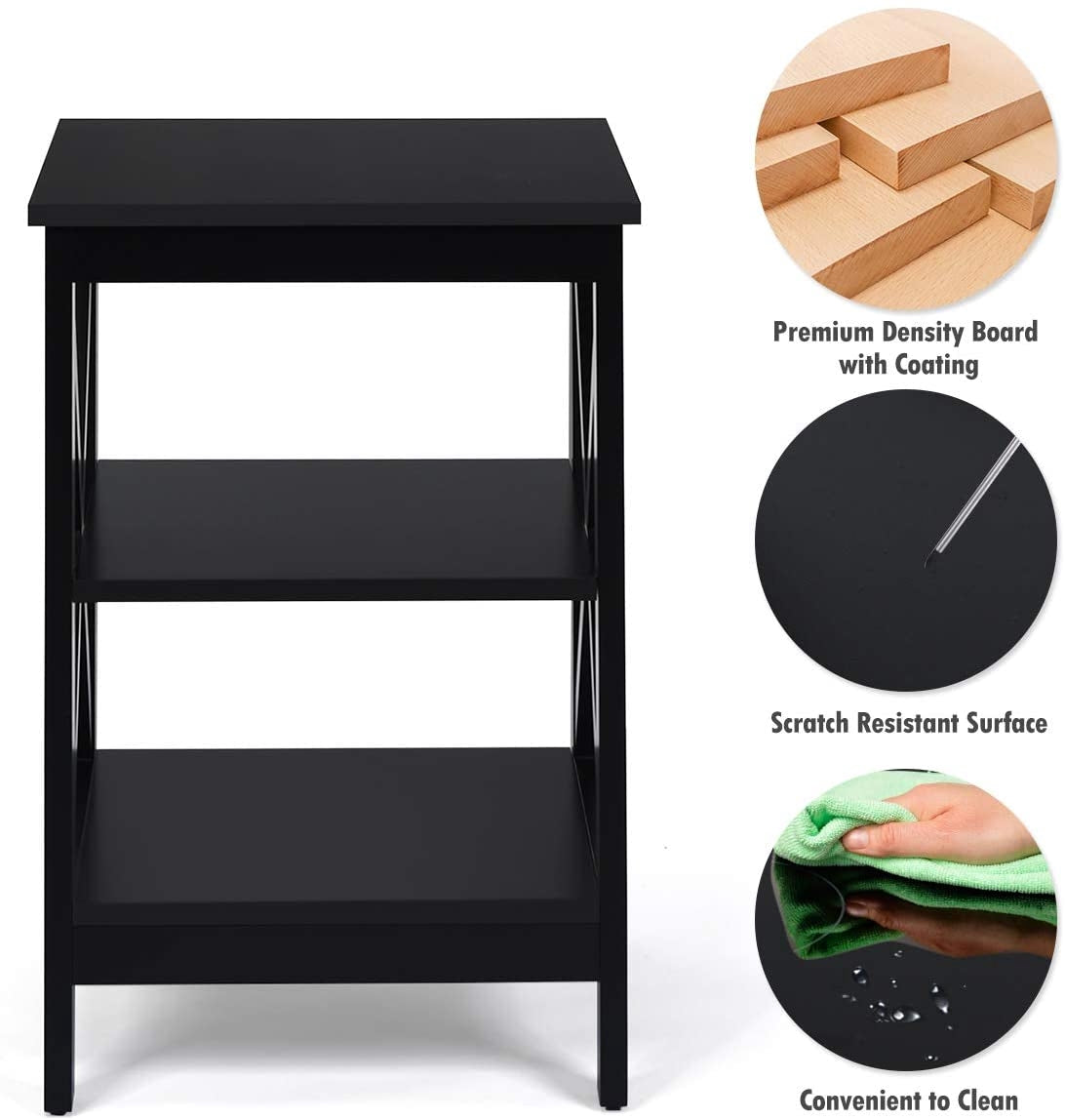 Nightstand, 3-Tier X-Frame MDF Side Table, Black