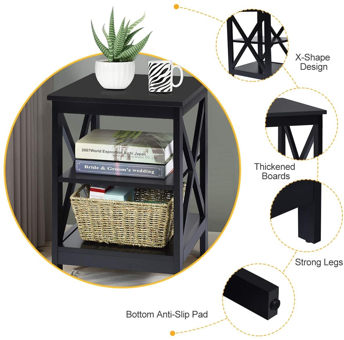 Nightstand, 3-Tier X-Frame MDF Side Table, Black