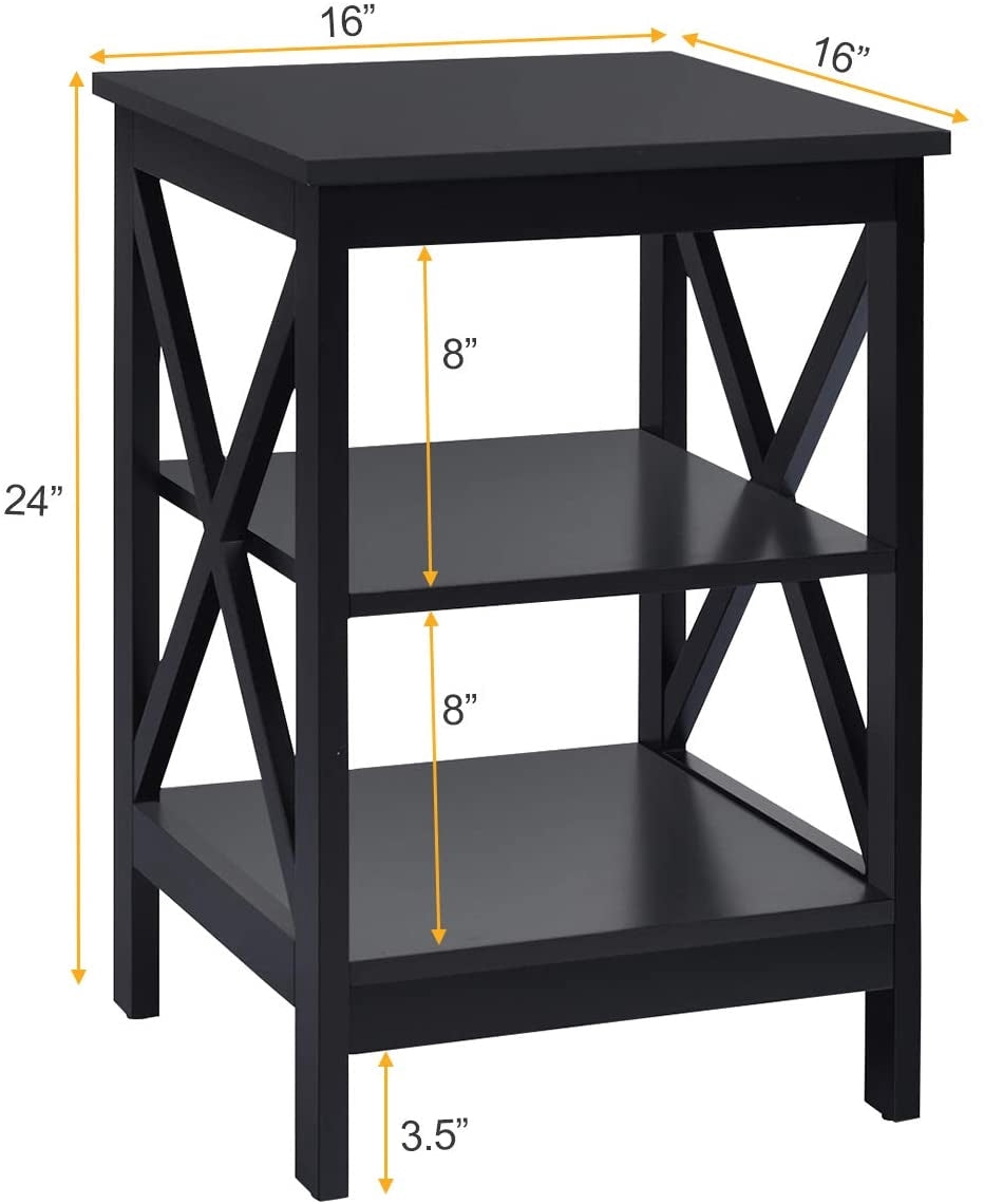 Nightstand, 3-Tier X-Frame MDF Side Table, Black