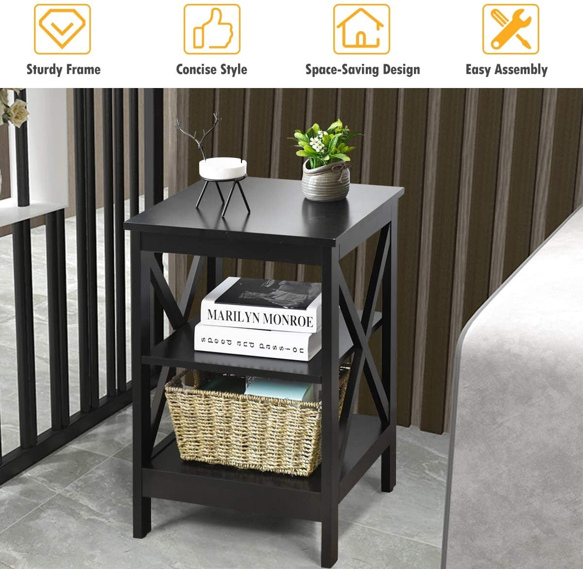 Nightstand, 3-Tier X-Frame MDF Side Table, Black