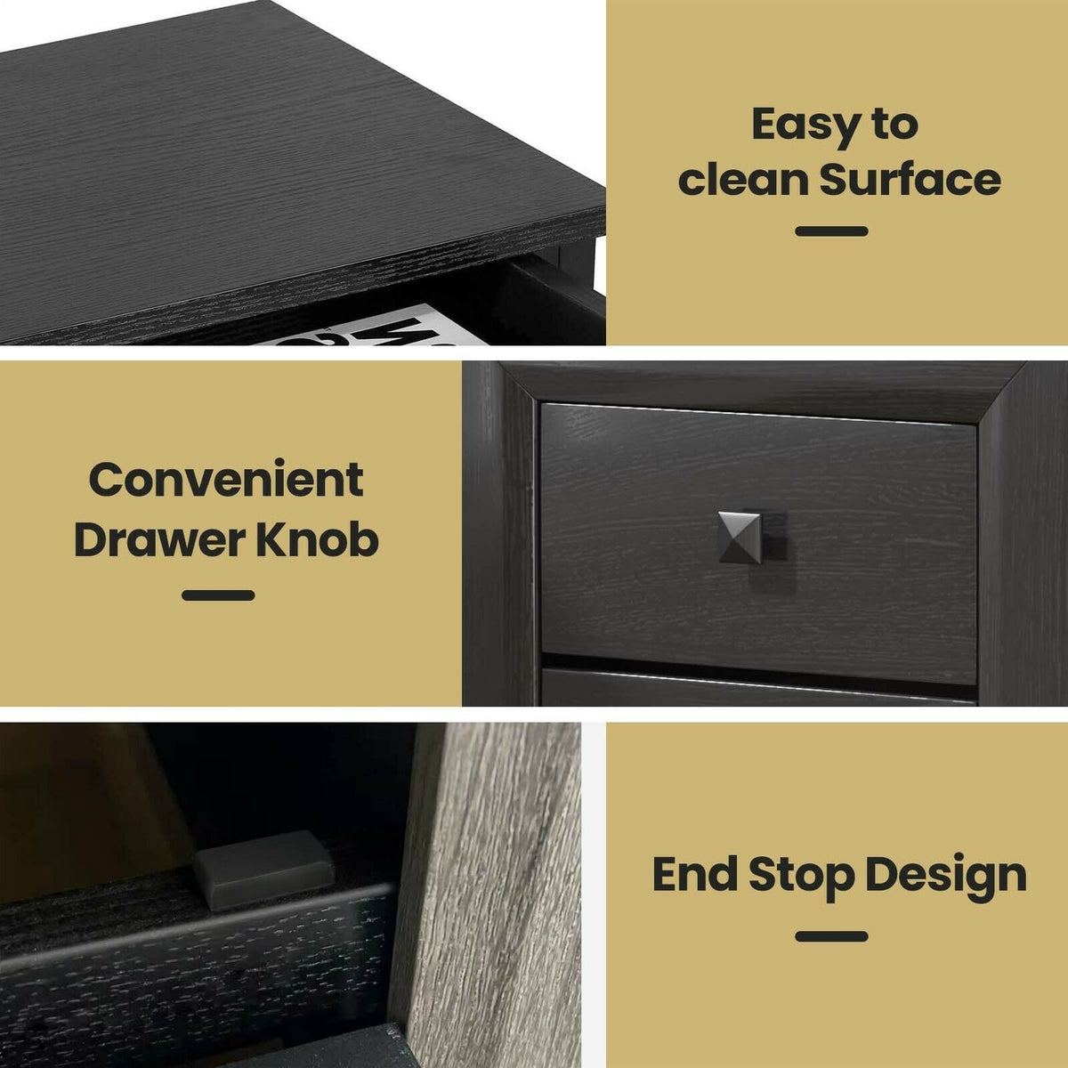 Nightstand Set of 2, 2-Drawer, Rubberwood Legs, Black