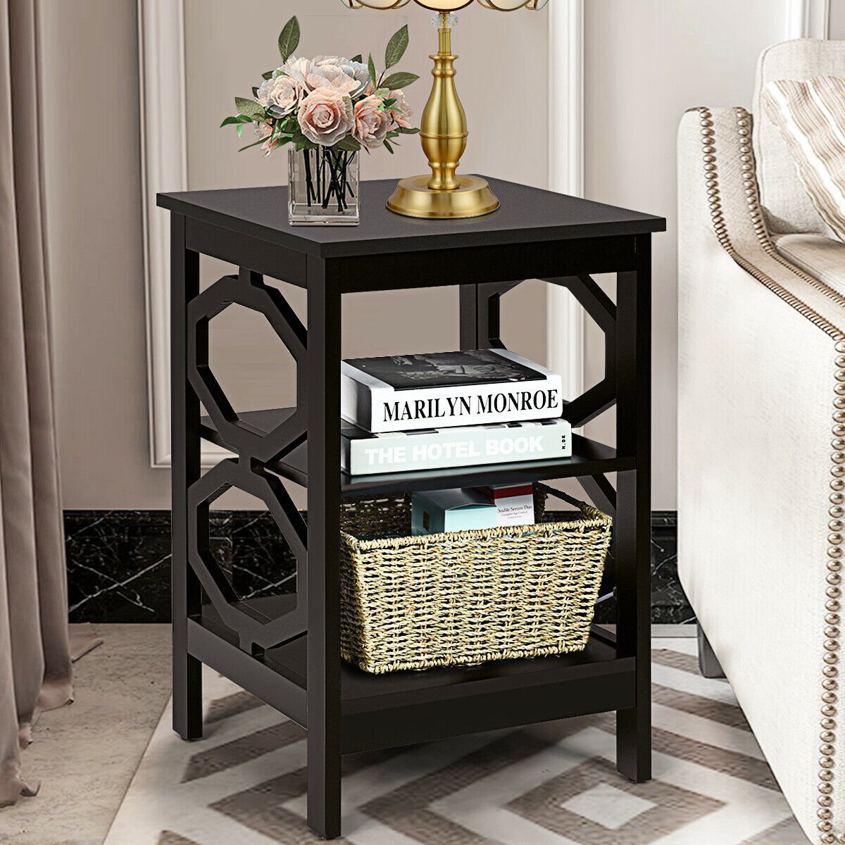 Nightstand Set of 2, 3-Tier Side Tables, Black