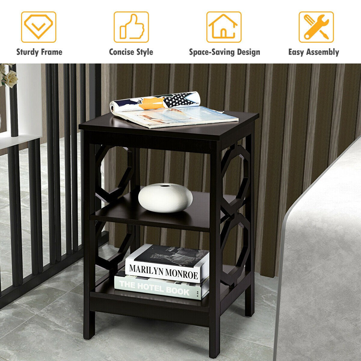 Nightstand Set of 2, 3-Tier Side Tables, Black