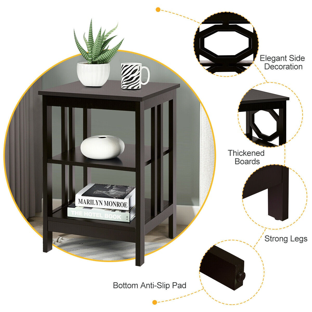 Nightstand Set of 2, 3-Tier Side Tables, Black
