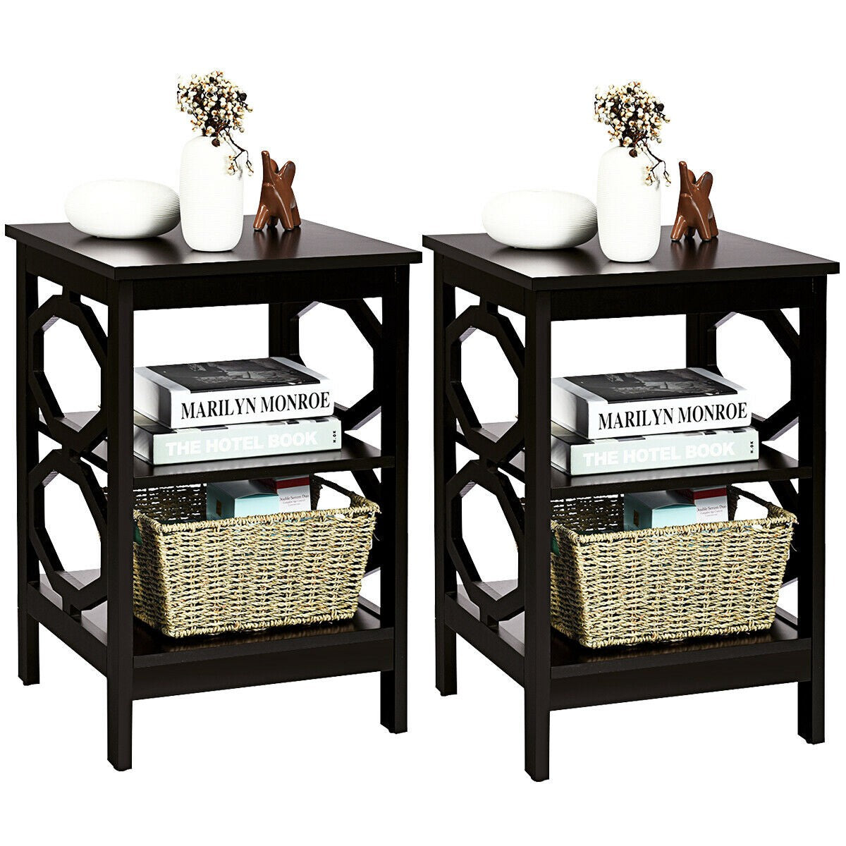 Nightstand Set of 2, 3-Tier Side Tables, Black