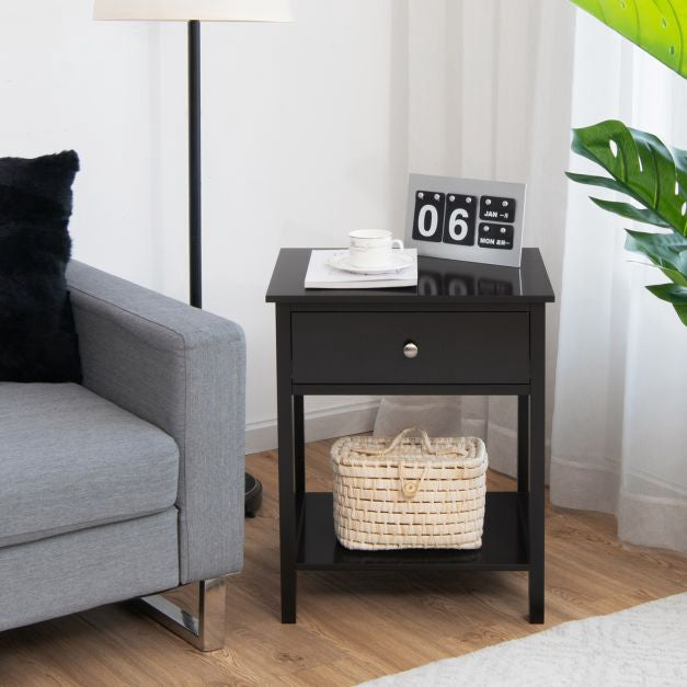 Nightstand Set of 2, Drawer and Shelf, Black