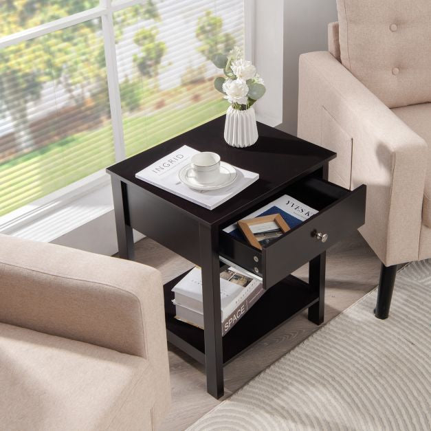 Nightstand Set of 2, Drawer and Shelf, Black